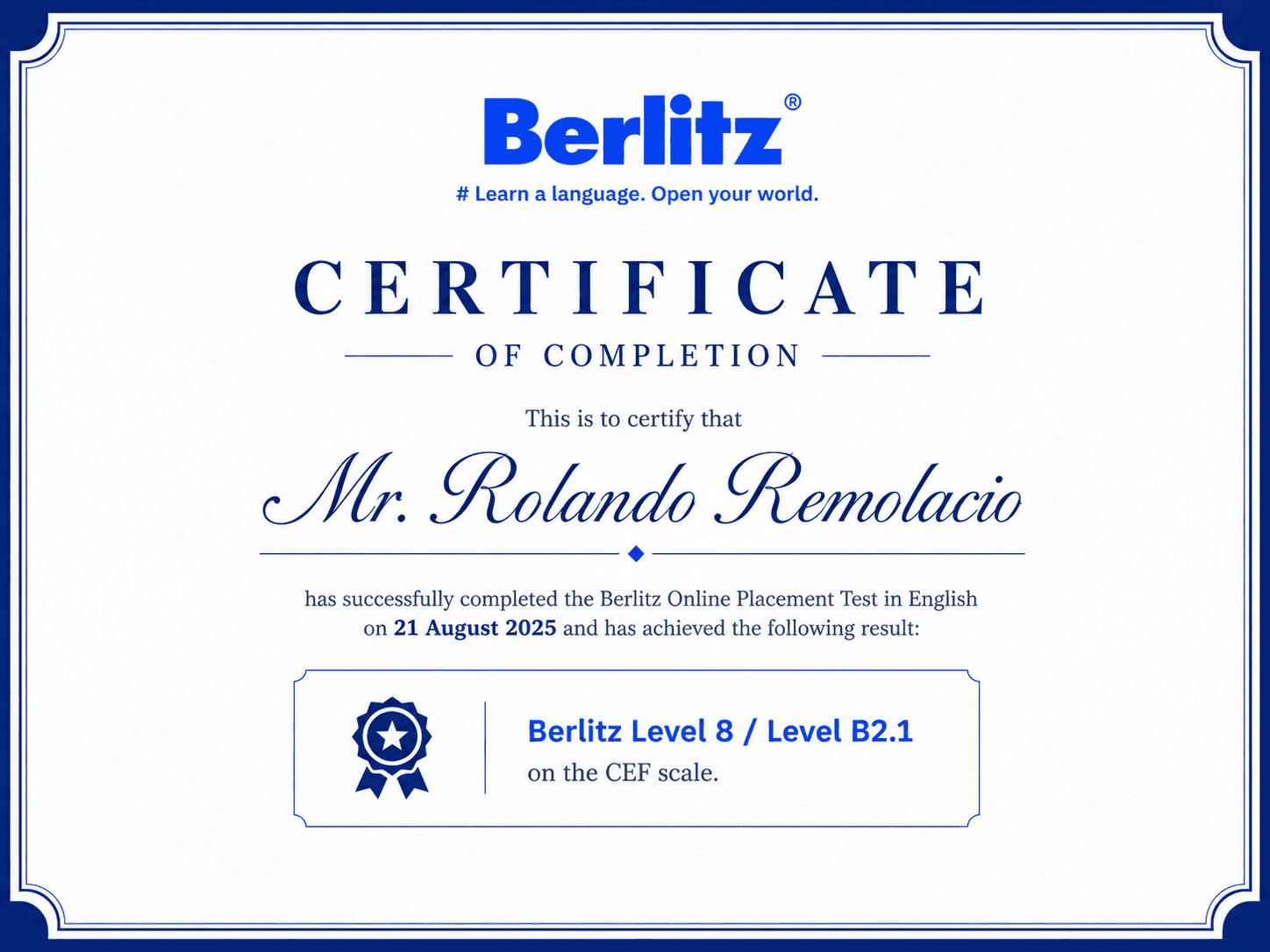 Certificate of Completion for Online Placement Test in English