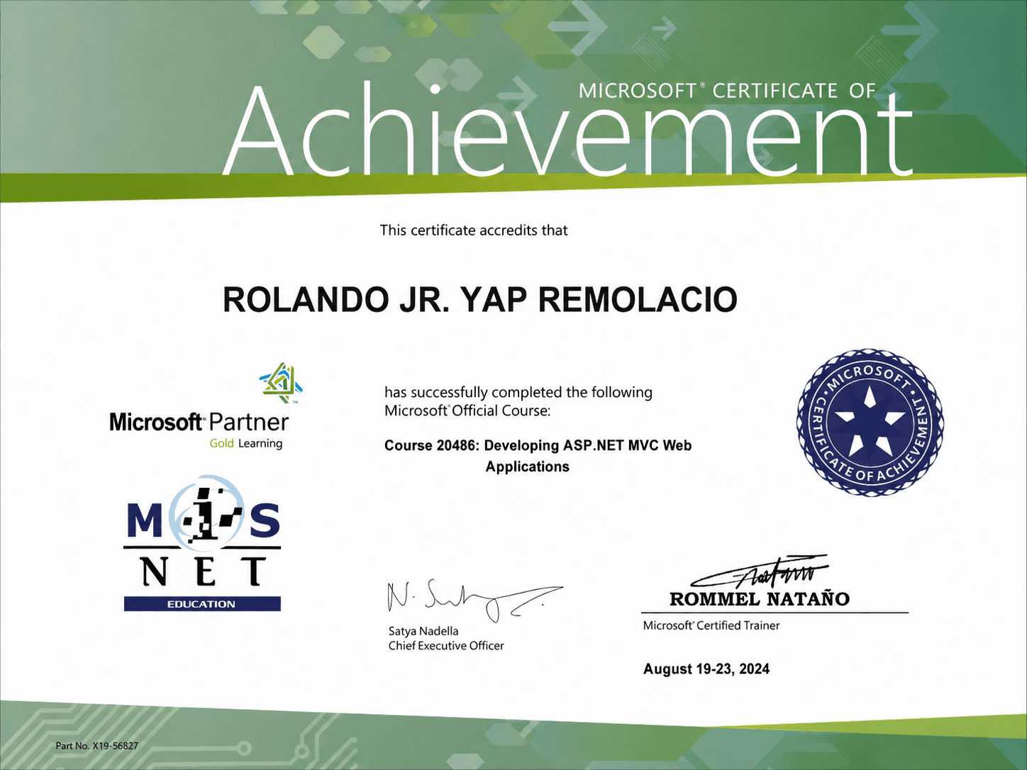 Microsoft Certificate of Achievement for Developing ASP.NET MVC Web Applications